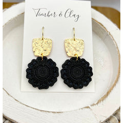 Black Textured Mandala Dangles - Timber and Clay