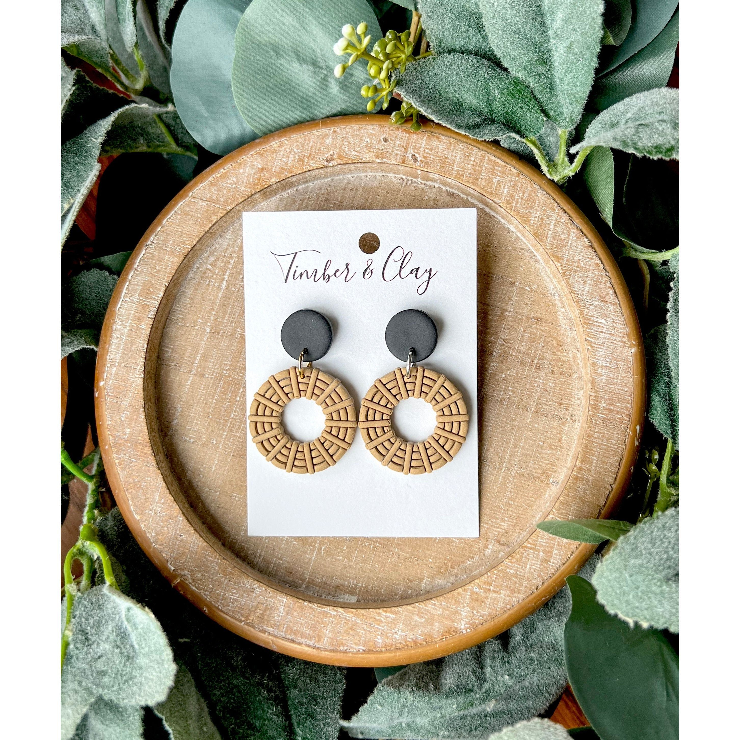 Tan and Black Round Rattan Dangles - Timber and Clay