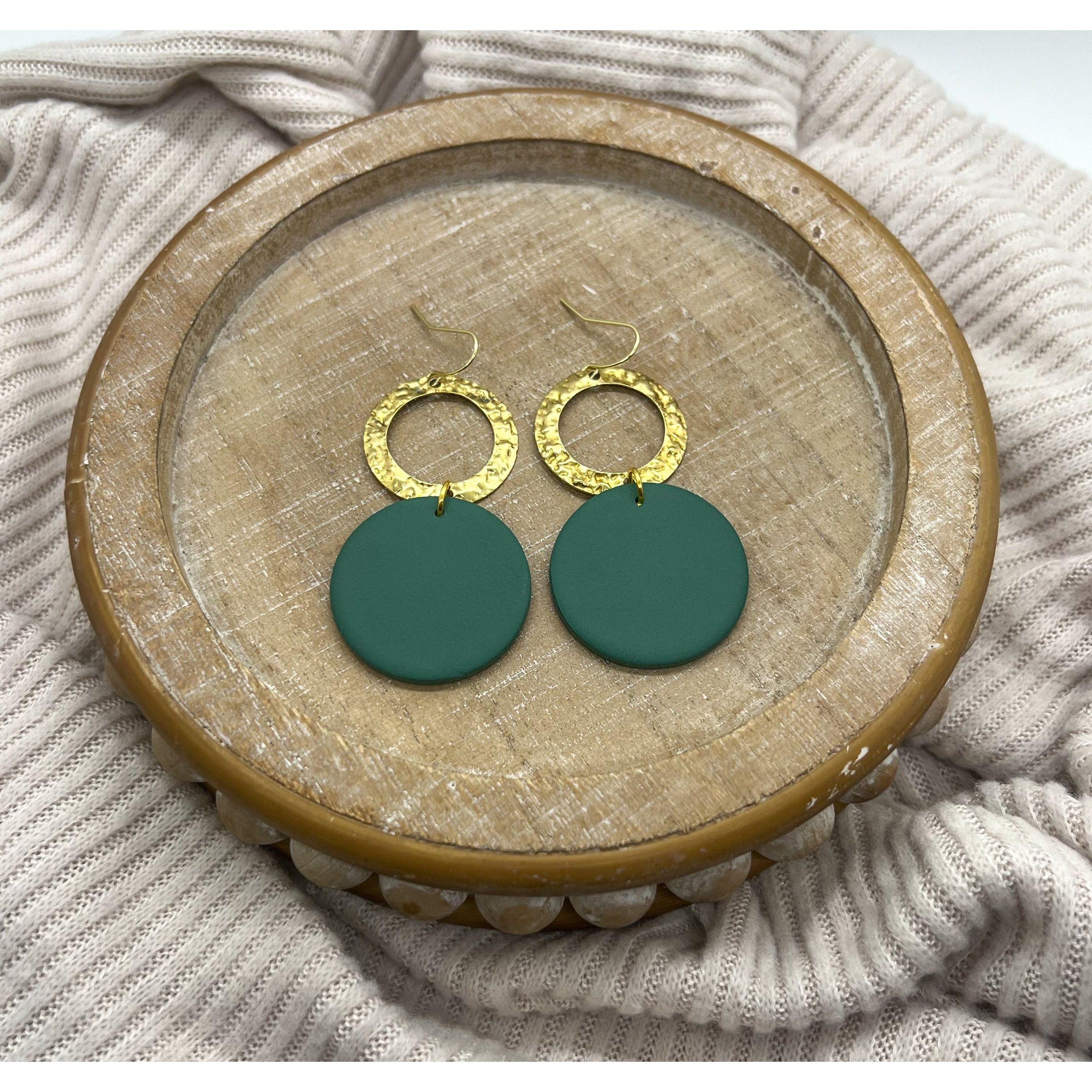 Green and Brass Round Dangles - Timber and Clay