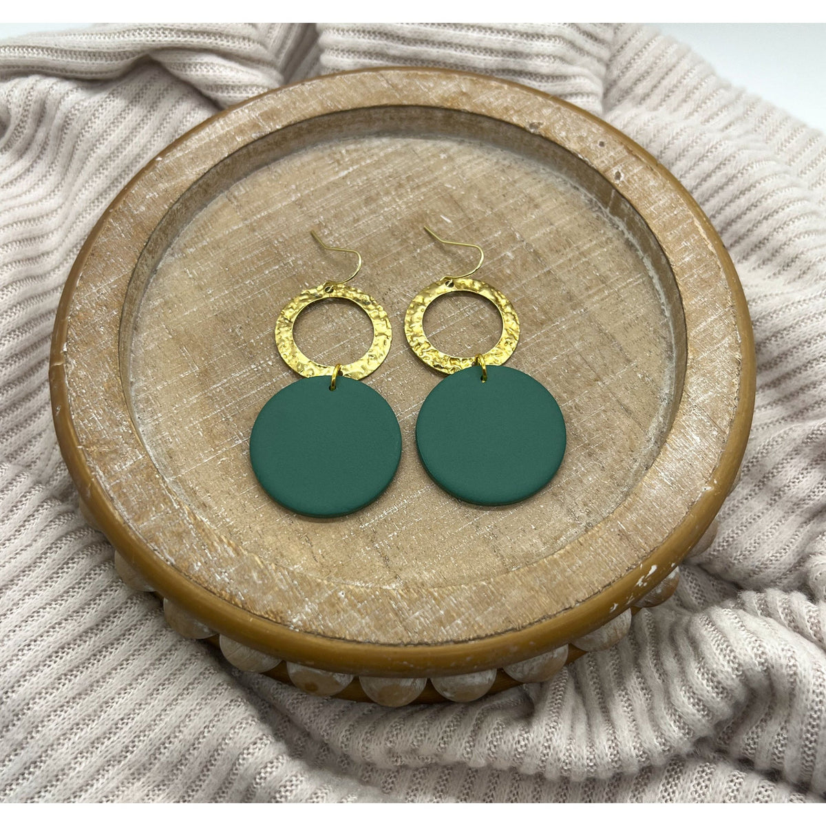 Green and Brass Round Dangles - Timber and Clay