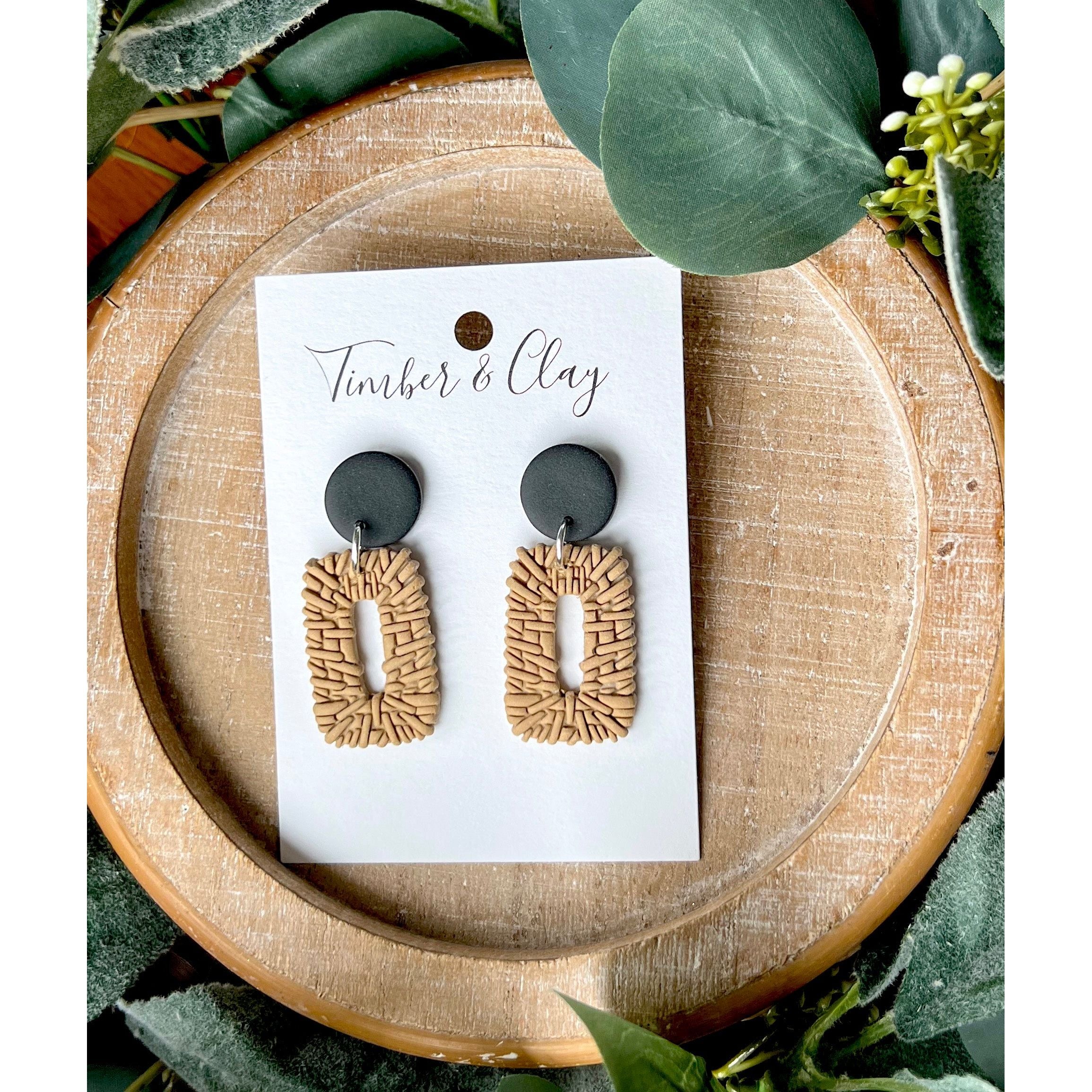 Tan and Black Rectangle Rattan Dangles - Timber and Clay