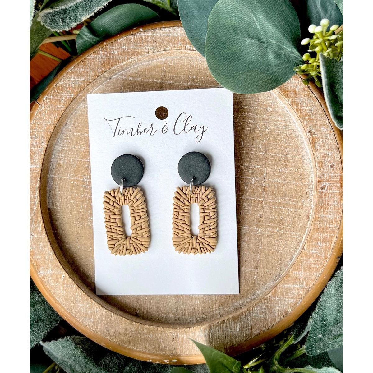 Tan and Black Rectangle Rattan Dangles - Timber and Clay