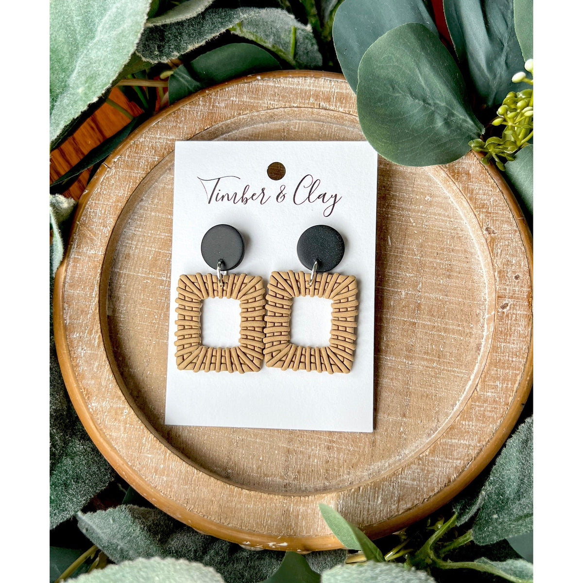 Tan and Black Square Rattan Dangles - Timber and Clay