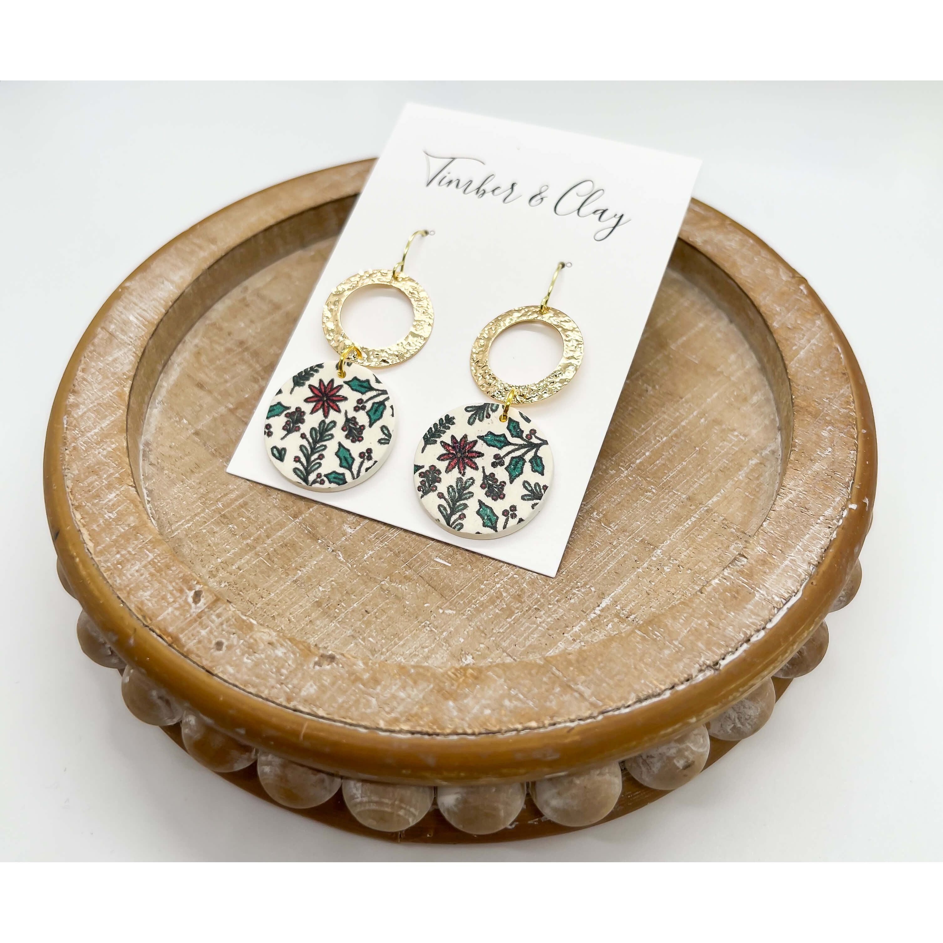 Holly Floral Round Brass Dangles - Timber and Clay