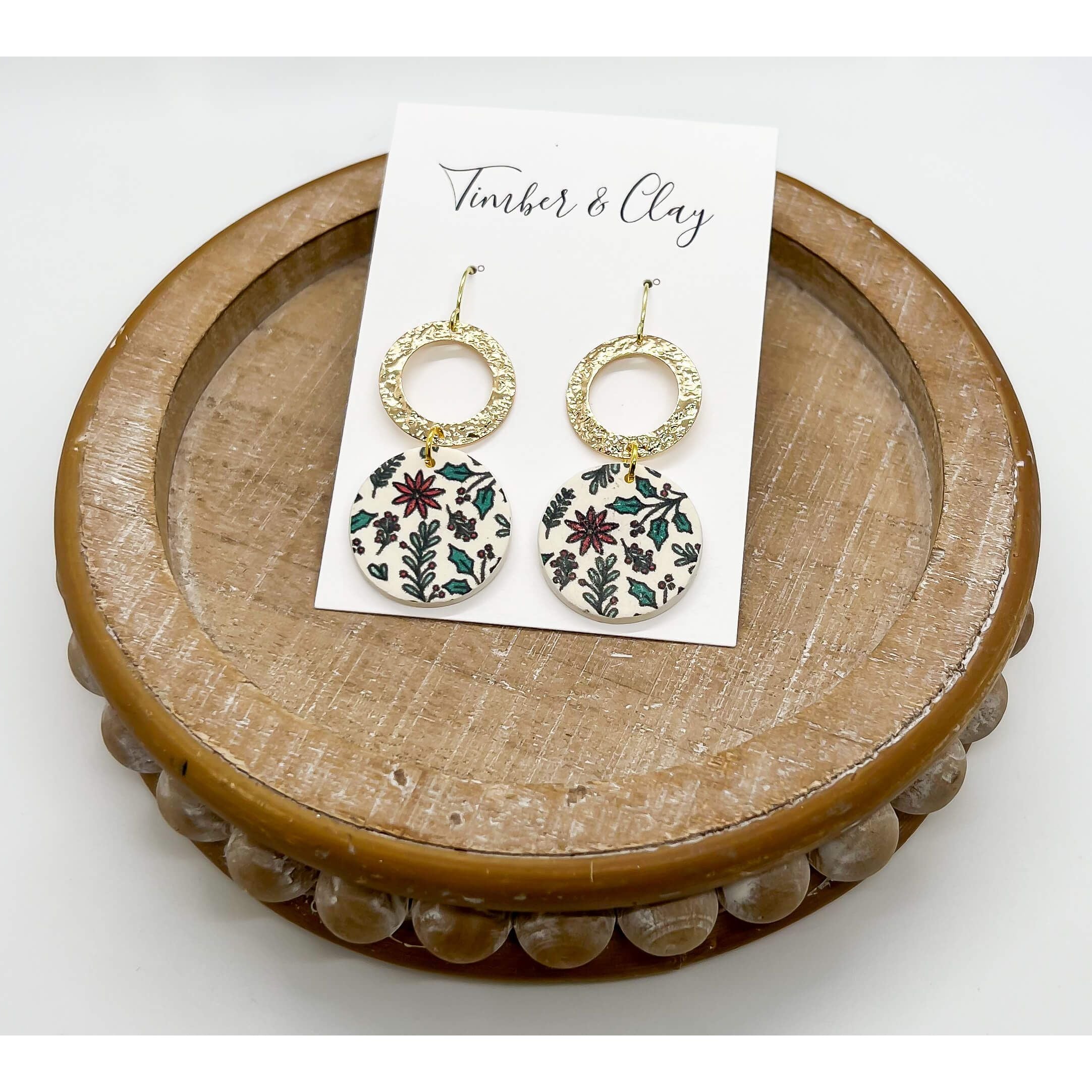 Holly Floral Round Brass Dangles - Timber and Clay