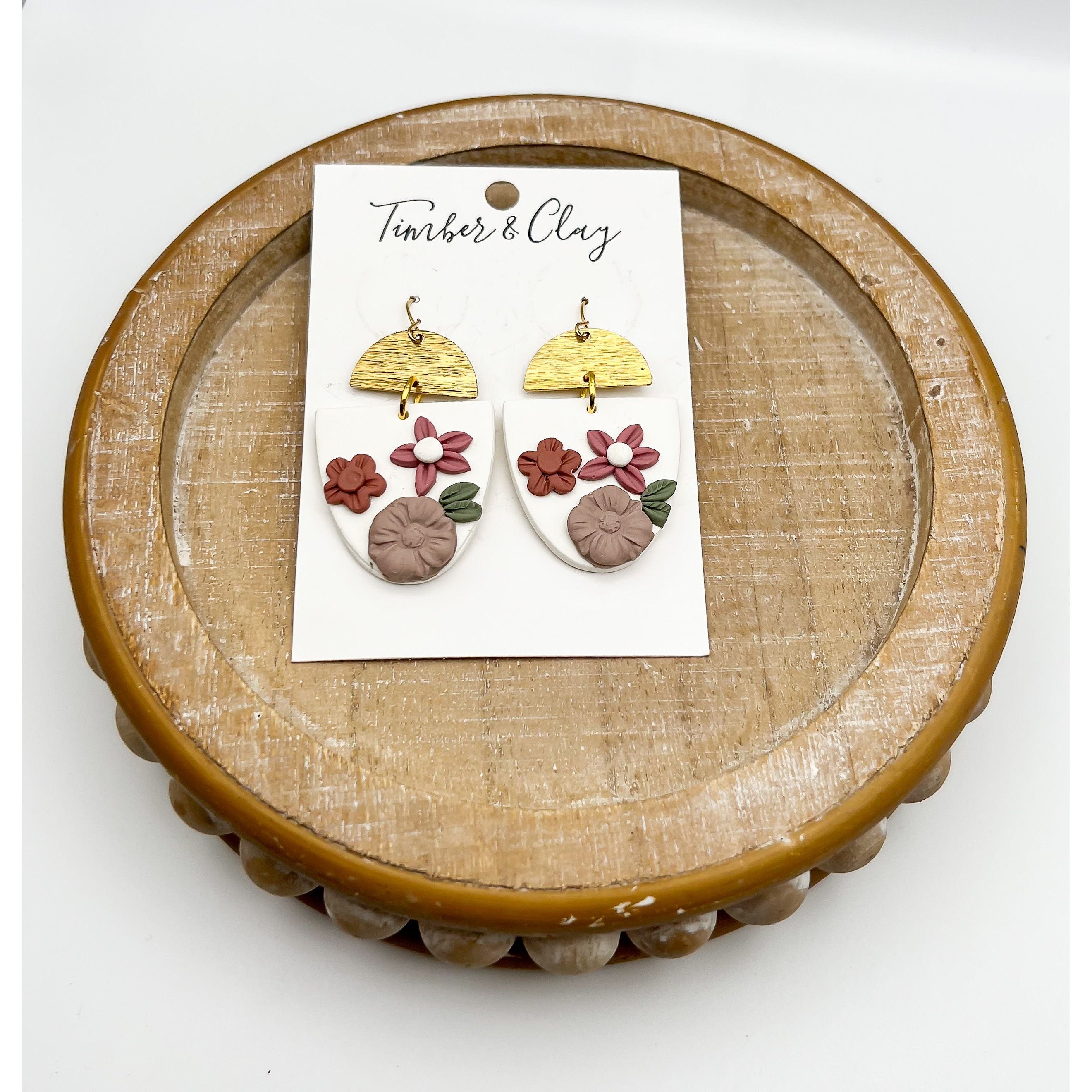 White Floral Brass Dangles - Timber and Clay