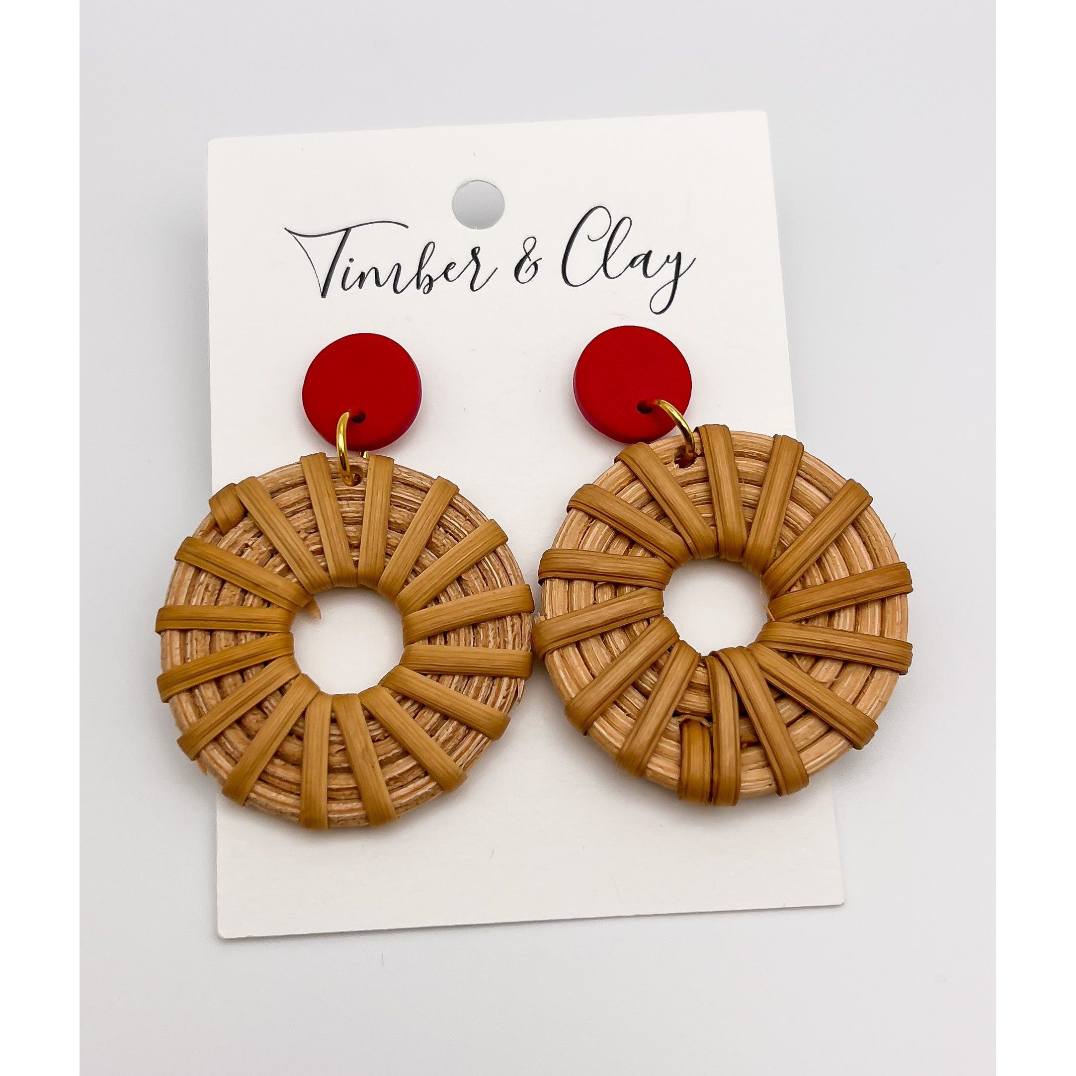 Rattan Dangles with Red Stud - Timber and Clay