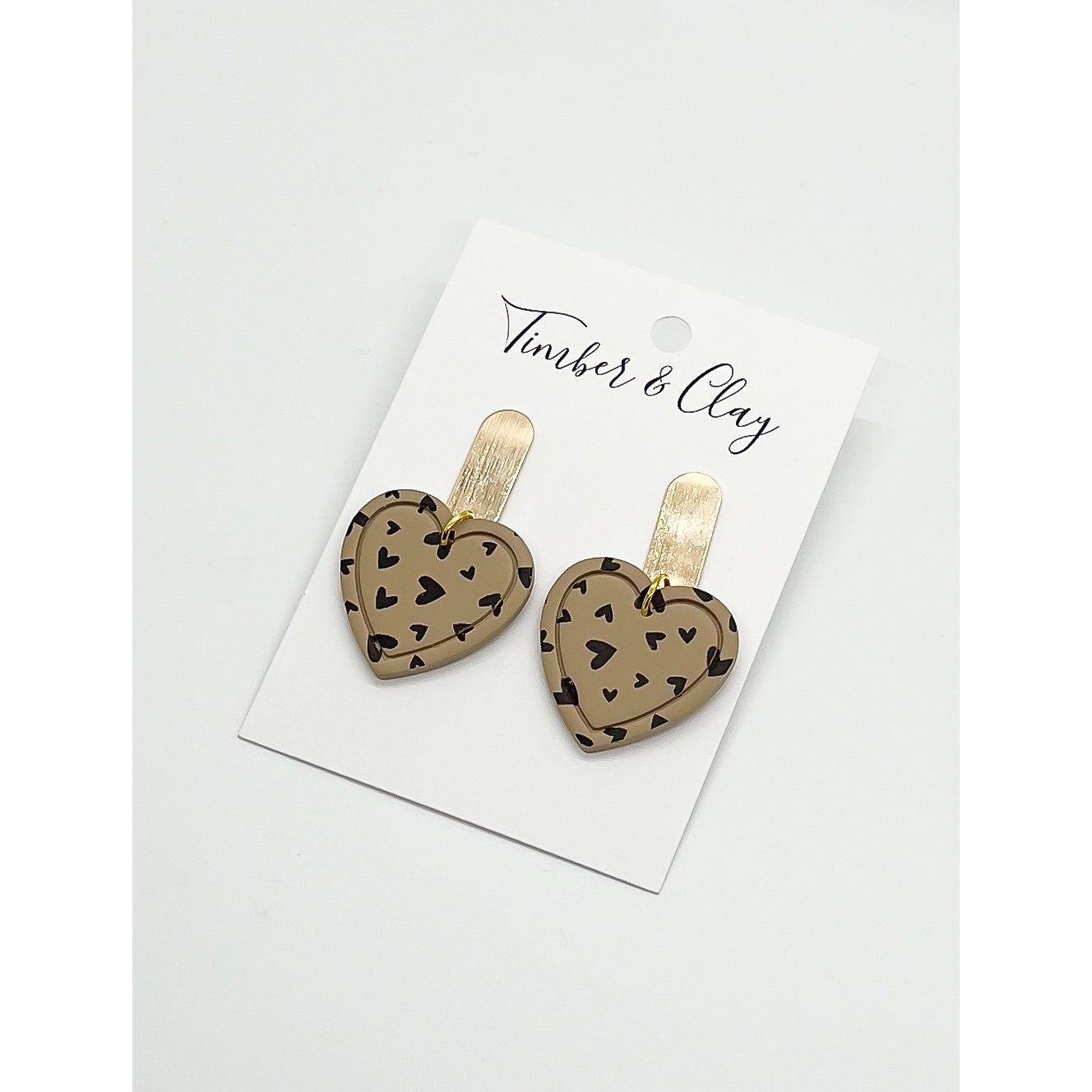 Tan and Black Heart Dangles - Timber and Clay