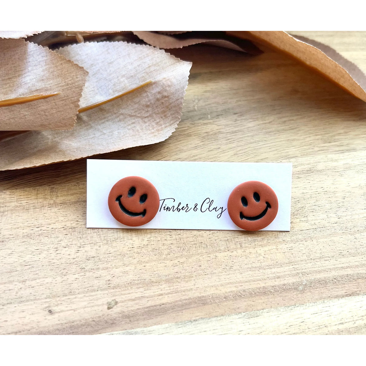 Smiley Face studs - Orange - Timber and Clay