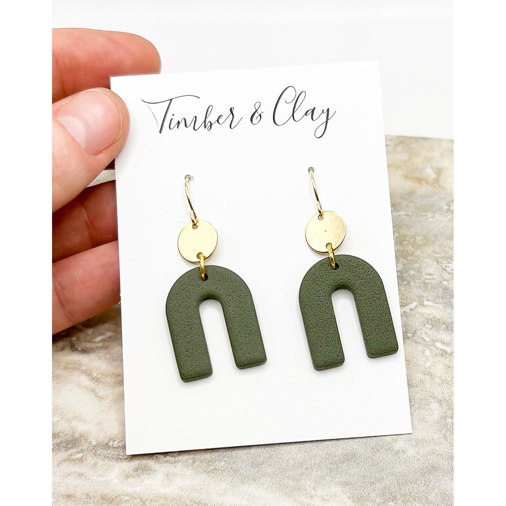 Small Olive Green Arch Dangles - Timber and Clay