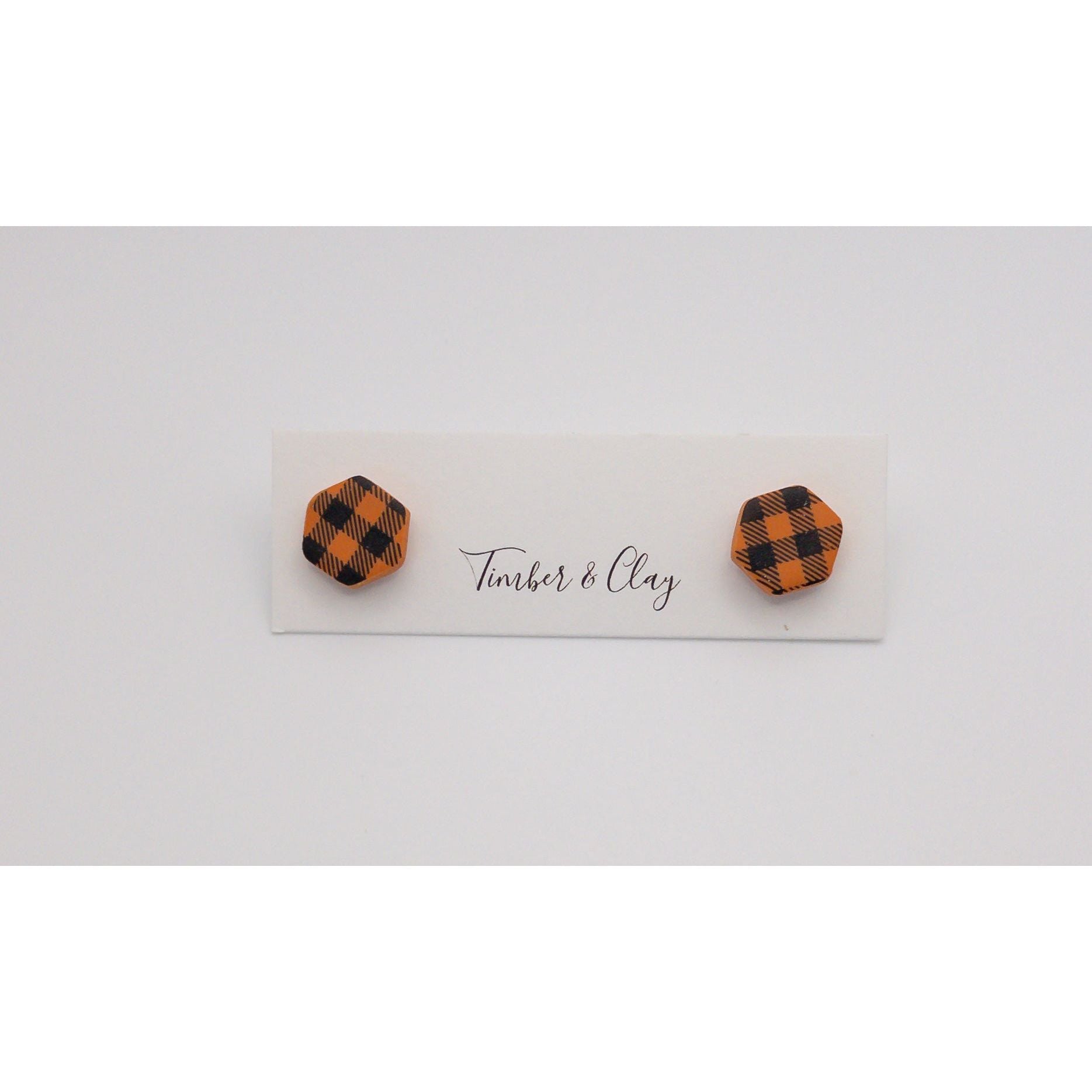 Black/Orange Plaid Hexagon Studs - Timber and Clay